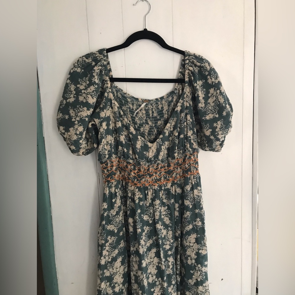 Free People Teal Floral Maxi Dress with Cream Print and Orange Waist Detail